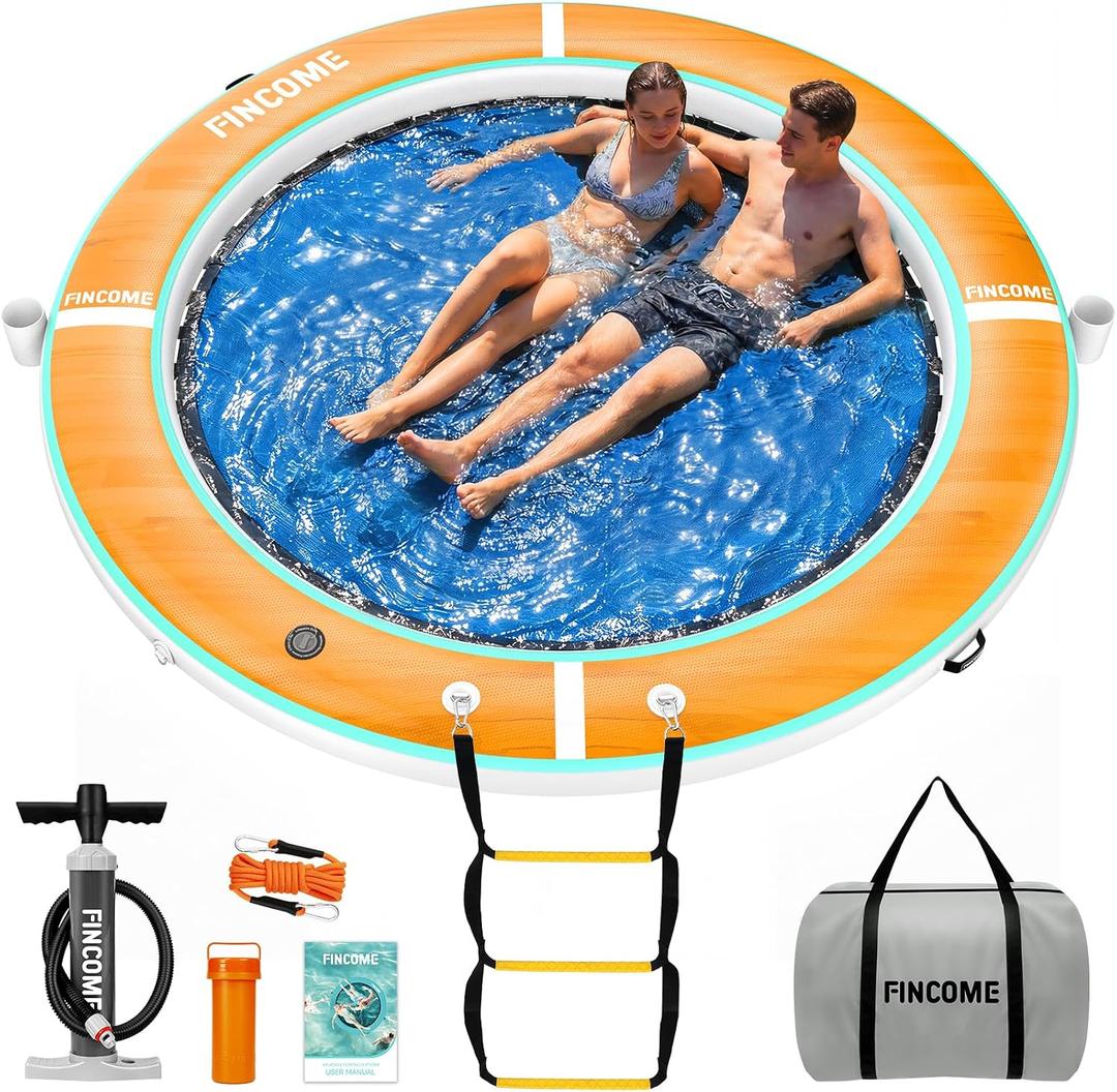 Inflatable Water Hammock Floating Dock, 10/8/6FT Round Floating Ring with Water Ladder and Cup Holder, Inflatable Dock Floating Platform Island Raft Tanning Pool Float for Lake Beach