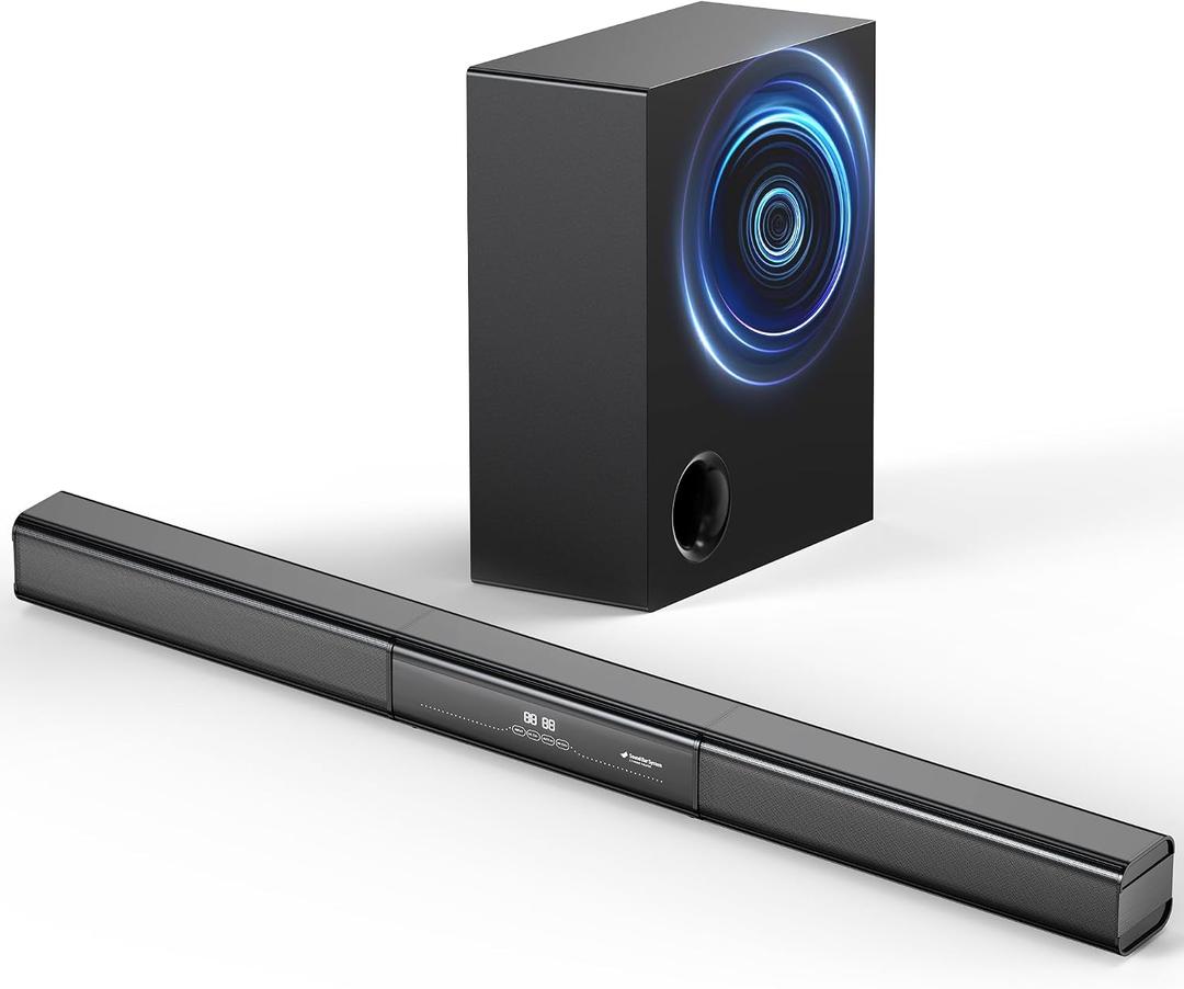 2.1 Channel Sound Bar with Wired Subwoofer, Dorby Audio 35in Detachable TV Soundbar, Bluetooth, HDMI-ARC, Optical, AUX, USB, FM, Coaxial Inputs for Home Theater