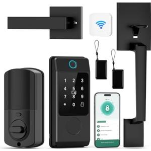 Smart Door Lock with Handle, Miuedo Keyless Entry Lock Deadbolt Handle Set, Include WiFi Gateway Smart Deadbolt for Front, Fingerprint, Keypad Code, App Control, Voice Control(Black)