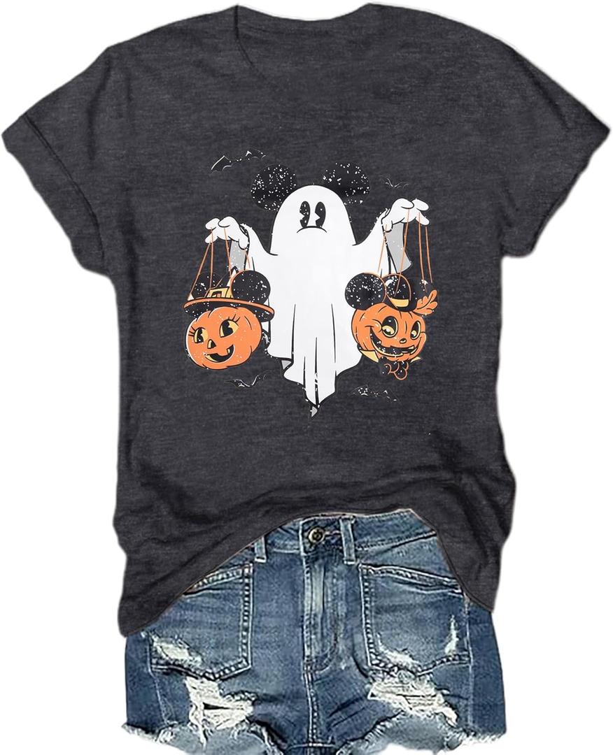 Halloween Shirts Pumpkin Shirt Women: Cute Ghost Shirt Casual Fall Halloween Spooky Season Graphic Short Sleeve Tee Tops (Large, Gray)