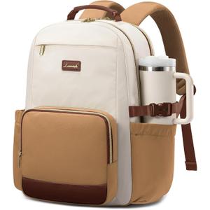 LOVEVOOK Laptop Backpack for Women with Pouch Pocket for Large Capacity Cup,15.6 Inch Laptop Computer Bag Travel Backpack Purse,Waterproof Work Business Backpack College Teacher Bag,Beige-Brown-Bbrown