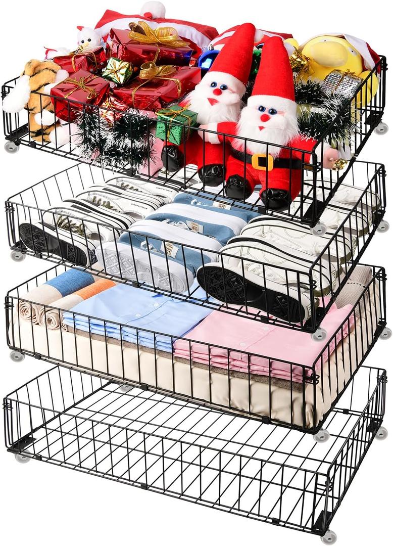 4 PACK Under bed Storage Containers With Wheels,Under bed Basket,Rolling Under Bed Drawer Organizer For Shoes Clothes Books Toys Blankets,