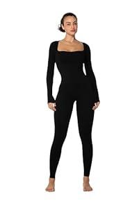Sunzel Long Sleeve Bodysuits One Piece Jumpsuit for Women with Square Neck and Butt Scrunch Leggings Seamless Ribbed Rompers (25" Inseam, Large, Black)