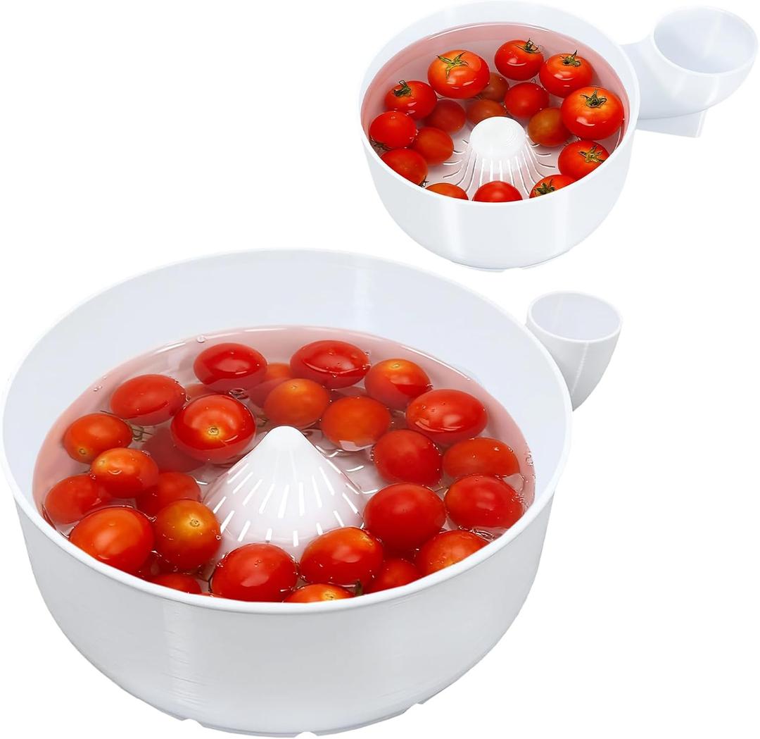 STHF Hydro Bowl 2-Pack- 3D-Printed 4-in-1 Multifunctional Fruit Washing Bowl with Snail Drain, Automatic Cleaner Spinner for Efficient Rinse & Drain, Space-Saving Kitchen Sink Storage Basket Set