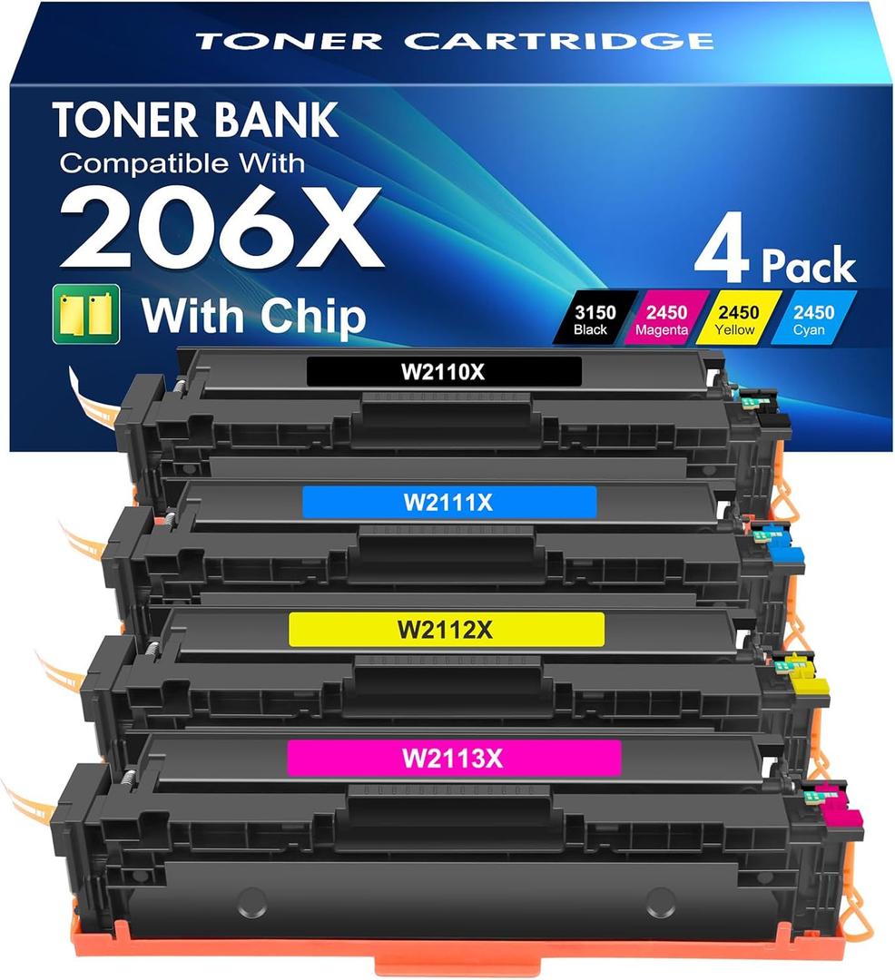 206X Toner Cartridges 4 Pack High Yield MFP M283fdw M283cdw Compatible for HP 206X 206A M255dw Color LaserJet Pro MFP M283fdw M283cdw M255dw M283 M255 Printer Ink (Black Cyan Yellow Magenta)