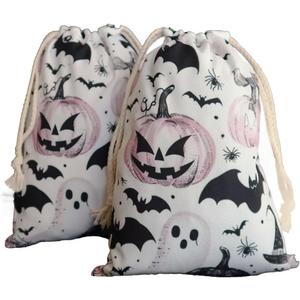 Halloween Bag 2 Pieces Printed Storage Drawstring Canvas Bag Halloween Theme Pumpkin (Pink)