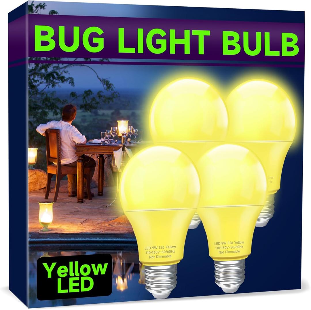 UNILAMP Yellow LED Bug Light Bulbs, A19 Outdoor Yellow Bug Light Bulb, 9W Equivalent 60W, Yellow Bug Light Bulbs for Outside, E26 Base for Porch, Holiday Party Decoration, Non-Dimmable, 4 Pack