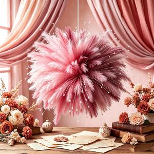 100Pcs Pink Feather 16" Faux Pampas Grass Set - DIY Fireworks Ball Design Hanging Decoration for Party Wedding, Artificial Fluffy Boho Vase Filler Decor Flowers for Home Birthday Bridal Shower