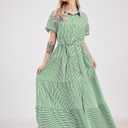 utcoco Womens Casual Short Sleeve Button Down Tie Waist Ruffled Striped Maxi Shirt Dress (Green, S)