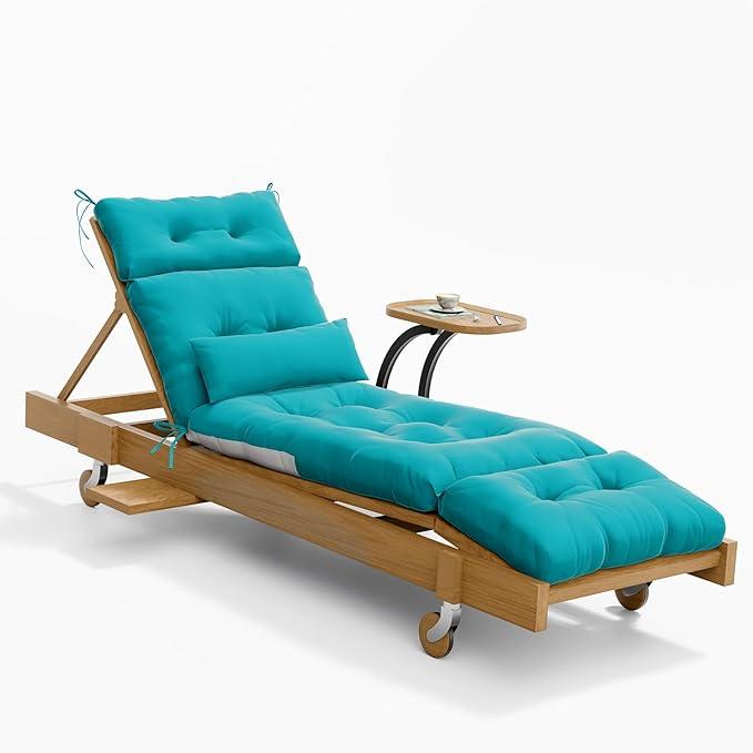 Outdoor Lounge Chair Cushions with Pillow, Olefin Waterproof and Fade Resistant Patio Pool Chaise Lounge Cushions Replacement for Outdoor Indoor Furniture with Ties, 74 x 22 x 4.5 Inches, Turquoise
