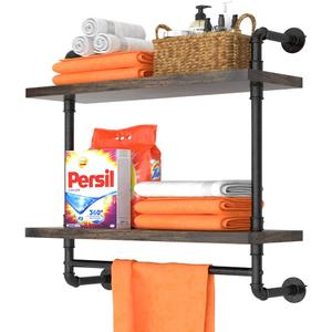 Helsin 24inch Industrial Pipe Shelving Bathroom Shelves Wall Mounted with Towel bar, 2 Tier Rustic Wood Floating Shelf, Metal Towel Rack Wall Shelf for Home & Bathroom (Brown, 24inch)