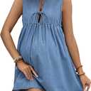 SOLY HUX Women's Maternity Dresses Sleeveless Jean Sundresses Tie Front Flowy Short Denim Dress (Medium)