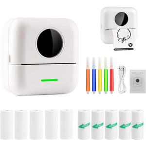 Mini Printer Thermal Sticker Printer with 11 Rolls Thermal Paper and Sticker for iOS&Android,Portable Bluetooth Pocket Printer for Study Notes, Pictures, DIY, Label