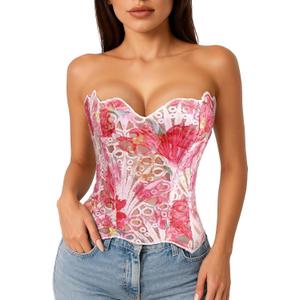 LEACOOLKEY Lacework Corset Top for Women Sexy Textured Sheer Floral Lace Bustier Going Out Lace-up Corset Overbust Top (Large)