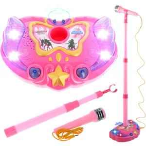 Kidplokio Music Karaoke Machine for Kids Microphone Lights Sounds MP3 Player, Pink, Girls Ages 3+