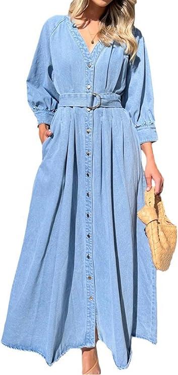utcoco Womens 2025 Fall Winter Denim Shirt Dress V Neck 3/4 Long Sleeves Button Down Belted Jean Maxi Dresses, L