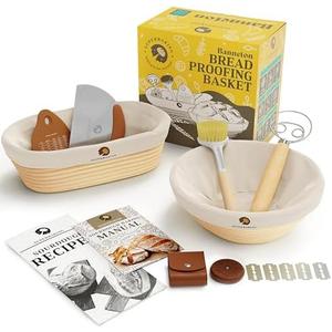 Superbaking Sourdough Proofing Basket Gift Set, Round 9" & Oval 10" Banneton, Sourdough Starter Kit, Sourdough Banneton Basket, Banneton Bread Proofing Basket Set of 2, Sourdough Bread Baking Supplies
