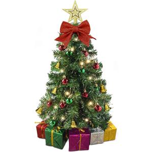 Small Christmas Tree with Lights - 23 Inch Mini Tabletop Christmas Tree with Warm-White LED Lights, Hanging Ornaments, Decorative Bow and Gift Boxes - Prelit Table Tree for DIY Christmas Decoration
