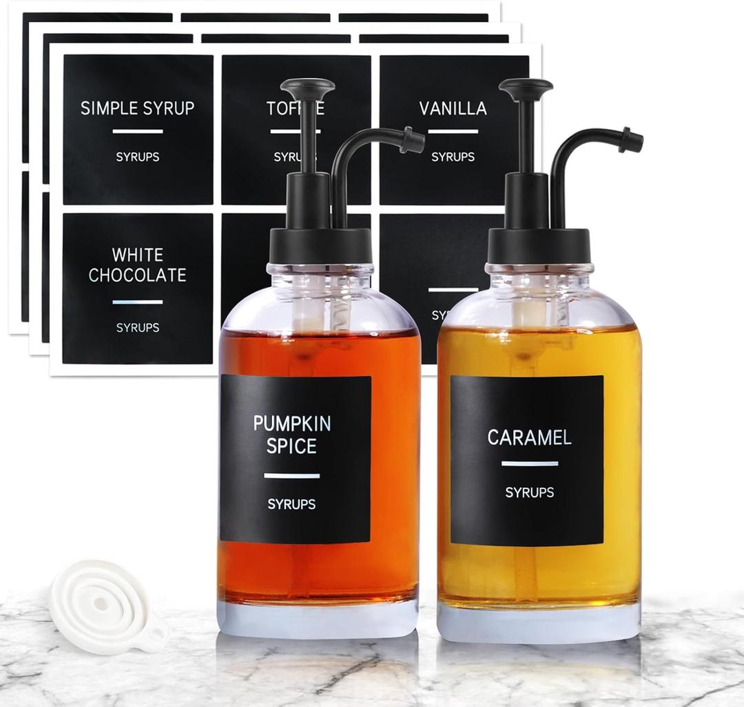 Coffee Syrup Dispenser for Coffee Bar, Set of 2 Simple Glass Syrup Bottle w. Pump and Labels, 16.9 oz 500ml Syrup Pump Dispenser, Syrup Dispenser Black