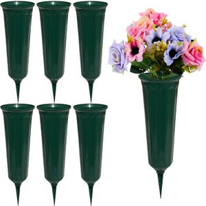 Memorial Floral Vases, Cemetery Vase, Headstones Flower Holder, Grave Cone Vase, Flower Pots for Outdoor Plants, Decorative Plastic Containers (Set of 6, Green)
