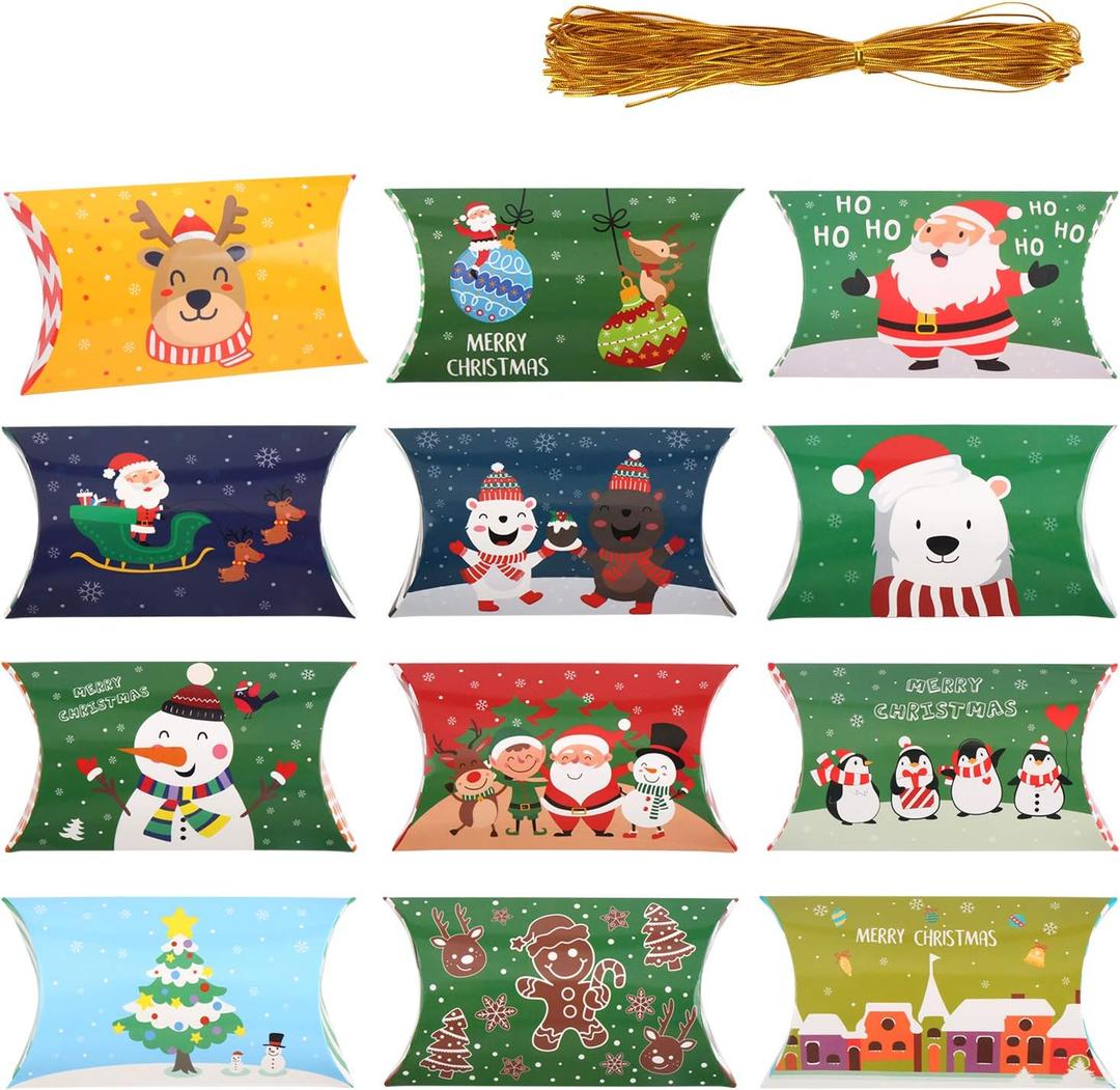DIYASY Christmas Pillow Boxes,60 Pcs Gift Card Holders Small Treat Box in 12 Xmas Designs for Small Gifts with Gold Twine