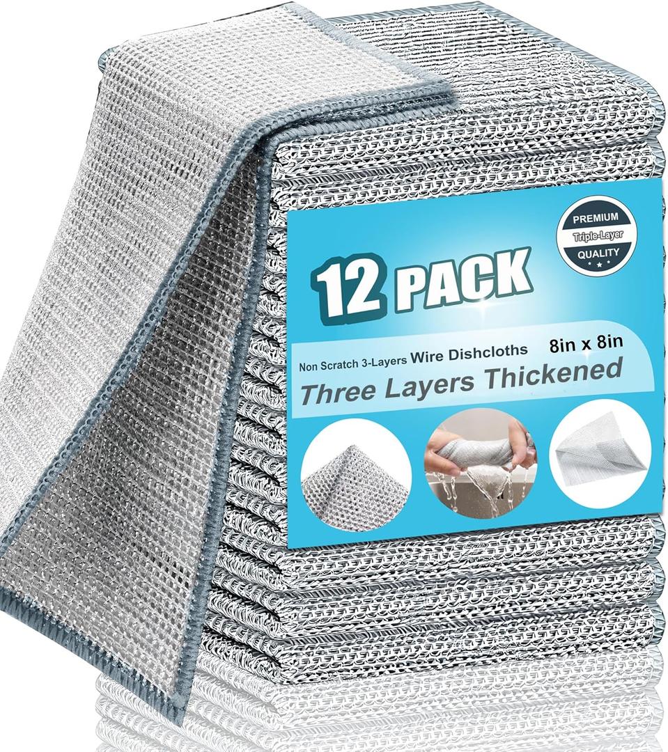 METUUTER 12 Count Non Scratch 3-Layers Wire Dishcloths for Kitchen, Multipurpose Dish Cloth Reusable Dishwashing Rags, Heavy-Duty Cleaning for pots, Pans & Grills