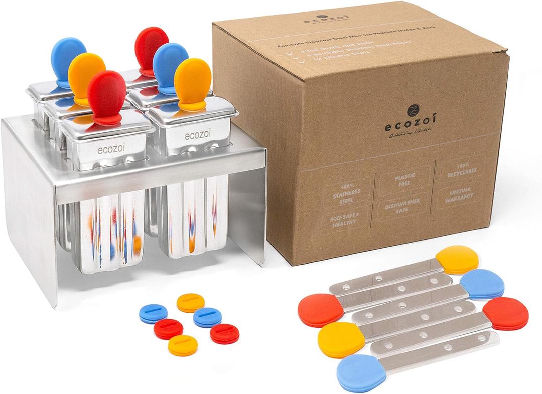 Ecozoi Stainless Steel Popsicle Molds, 6 Mini Popsicle Makers, 6 Reusable Stainless Steel Sticks, 12 Silicone Seals and 1 Rack, Eco Popsicle Molds for Kids and Adults, 2 oz Per Mold (Square)