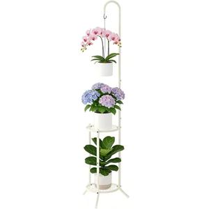 2-Tier Hanging Plant Stand Indoor and Outdoor , Space-Saving Iron Planter Shelves, Multiple Flower Pot Display Holder Shelf with Hanging Hook, Corner Plant Stands (White)