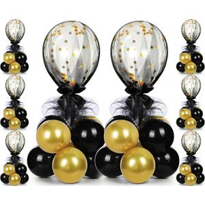 BBTO 8 Set Gold Black Table Centerpieces Balloons Stand Kit, Latex Balloons and Table Stand Holder with Base Tulle for Wedding Birthday Mother's Day Baby Shower Party