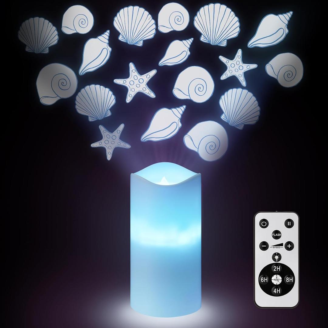 Coastal Ocean Flameless Candle Projector Light Decor Summer Seashell LED Candle Battery Operated Night Light with Remote Timer for Wedding Seaside Beach Coastal Bachelorette Birthday Room Decoration