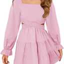 Haloumoning Girls Dresses Long Sleeve Square Neck Crossover Waist Casual A-Line Spring Fall Dress 5-14Y (Pink)