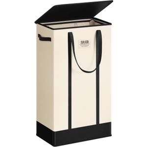 SOLEDI 75L Slim Laundry Basket with Lid,Collapsible Narrow Laundry Hamper Handles,Tall Skinny Dirty Clothes Hamper for Laundry Room,Dorm,Bathroom,Bedroom,and Small Spaces, 75L Beige