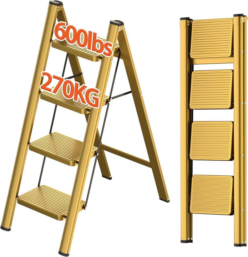 JOISCOPE 4 Step Ladder,Lightweight Folding Step Stool with Anti-Slip Pedal,600 lbs Portable Sturdy Steel Ladder for Adults,Multi Purpose Folding Ladder for Home Kitchen Office,Space Saving,Gold