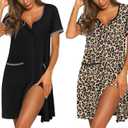 Ekouaer Nightgowns for Women 2 Pack Button Down Sleep Shirts Short Sleeve Nightshirt Sleepwear House Dress with Pockets (Large, Black/Brown Leopard)