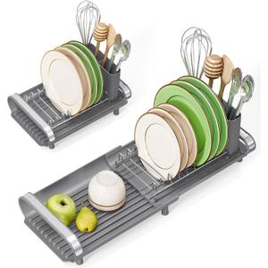 TOOLF Small Dish Drying Rack, Mini Expandable Compact Dish Rack, Slim Extendable Stainless Steel Dish Drainer for Kitchen Plate Storage, Space Saving Dish Strainer in Sink or on Home Countertop, Gray