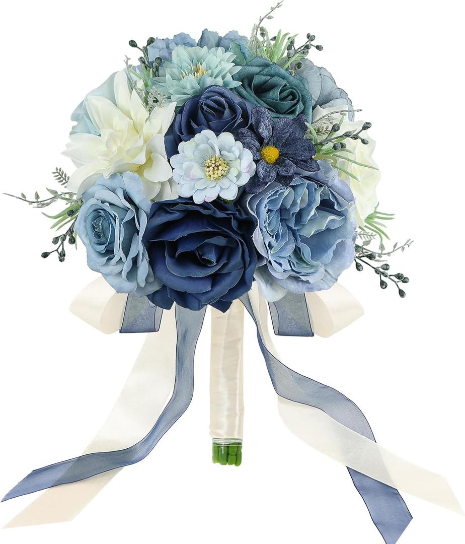 Wedding Bouquets for Bride Bridesmaid 8.5 Inch Dusty Blue Artificial Roses Flowers Bridal Bouquets for Bride Wedding Marriage Proposal Party Church Decoration