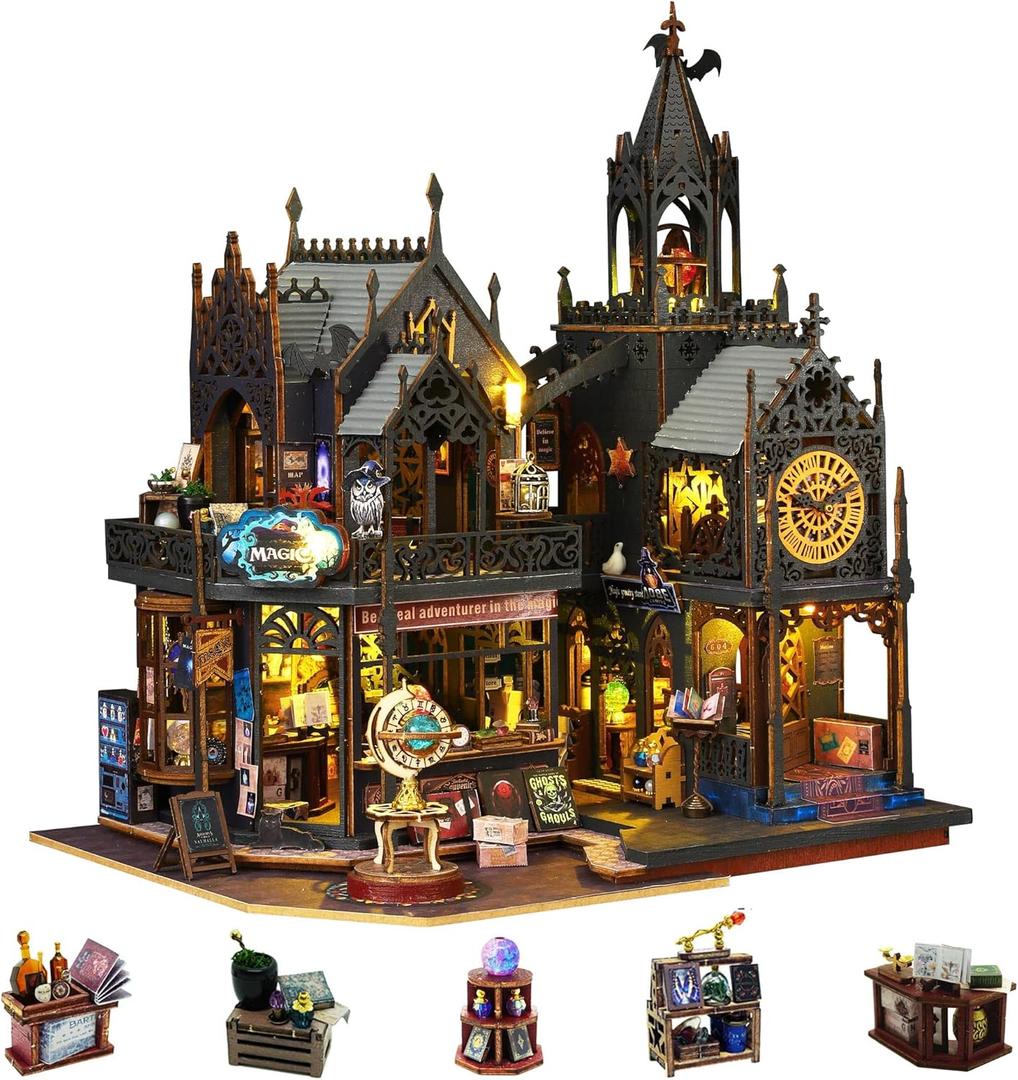 SUNNINO Miniature Dollhouse Kit, DIY Mini House Building Kits for Adults to Building Book Nook Kit 3D Wooden Puzzles Bookshelf Decor for Family Lovers, Holo Magic City II