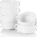 Foraineam Porcelain Bowls with Double Handles 10 Ounce White French Onion Soup Crocks Round Stackable Bowls for Soup, Cereal, Oatmeal, Set Of 6