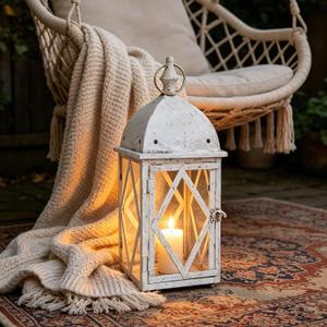 17" Vintage Distressed White Metal Lantern, Glass Paneled Hanging Candle Lantern, Rustic Farmhouse Decor for Indoor & Outdoor Patio, Garden, Wedding & Entryway Display