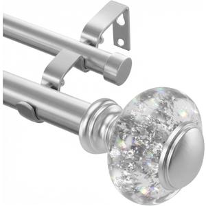 Silver Double Curtain Rod For Windows 66 to 120 Inches, 1 Inch Diameter Heavy-Duty Adjustable Dual Curtain Rod with Decorative Silver Foil Finials, Double Curtain Rod for Bedroom and Living Room
