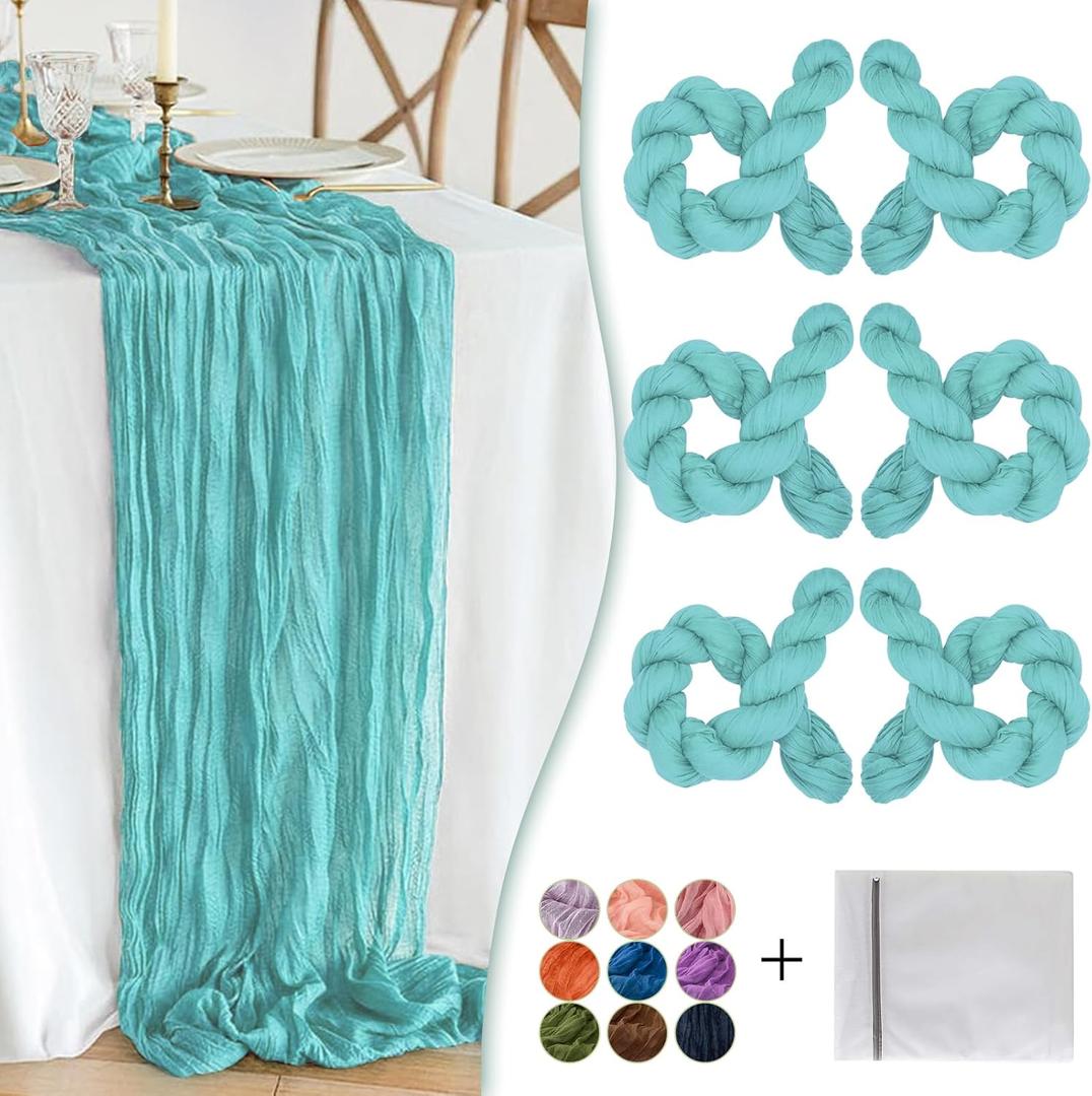 Teal Cheesecloth Table Runner 6 Pack 35" Boho Gauze 120 inches Long Tablecloth Runner Rustic Sheer Fabric Bulk for Baby Shower Wedding Bridal Birthday Party Picnic Table Decorations
