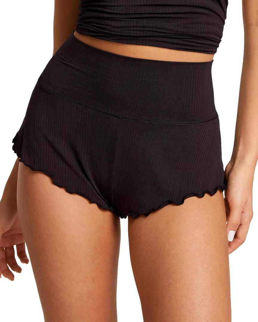 Women's Pajamas Shorts Modal Ribbed Fold Over Pleated Sleep Cheeky Ruched Cute Mini Cozy Lounge Sleepwear Bottom (Black, Size S)