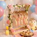 Suclain Mini Wooden Cookie Hangers and Rack Display Stand for Baby Shower Bridal Shower with 6 Hangers, Wood Cookie Rack with Faux Flowers, Vines, Ribbon and Treat Bags for Candy Table Wedding(Pink)