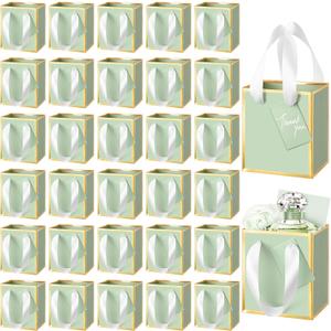 Yeaqee 50 Pcs Mini Metallic Paper Gift Bags with Handles 4x2.75x4.5'' Tiny Small Gift Bags with Thank You Tag for Valentine Wedding Birthday Welcome Return Gifts Small Business(Sage Green, Gold)