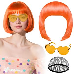PLULON Orange Bob Wig with Heart Sunglasses and Hair Cap, Colorful Short Bob Wigs Synthetic Party Wigs Funny Cosplay Hairpieces for Women Men Neon Bachelorette Halloween Costume Party Decorations