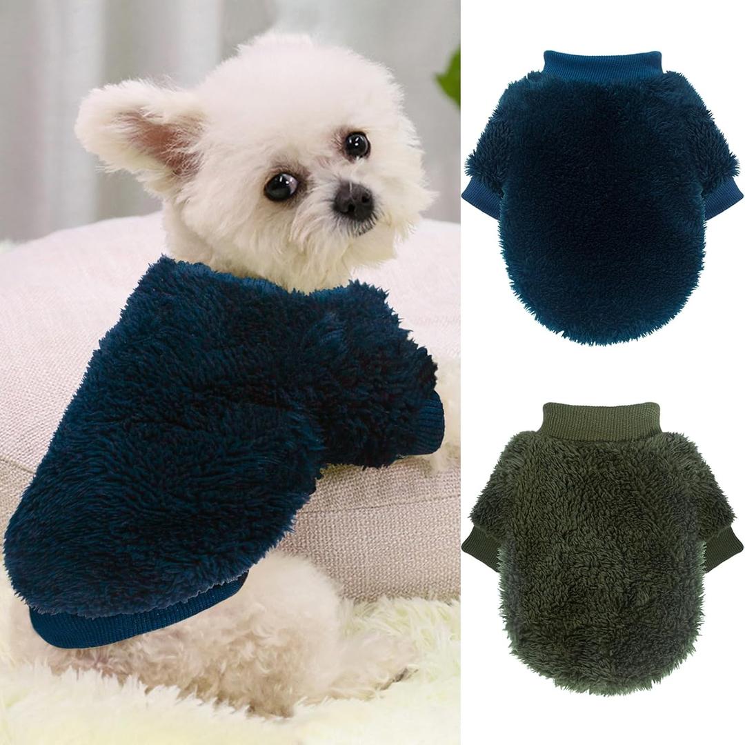 2 Pieces Dog Sweaters for Fall Winter - Warm Puppy Clothes, Fleece Chihuahua Sweater, Cute Small Dog Cat Clothes for Boys Girls - Blue, Dark Green, XS