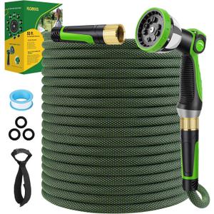 Non-Expandable Garden Hose 50 FT, Lightweight Hose with 10 Function Spray Nozzle, Kink-Free Flexible Water Hose, Durable, Leak-Proof, 360 Swivel Connectors, Portable Storage Strap (Green)
