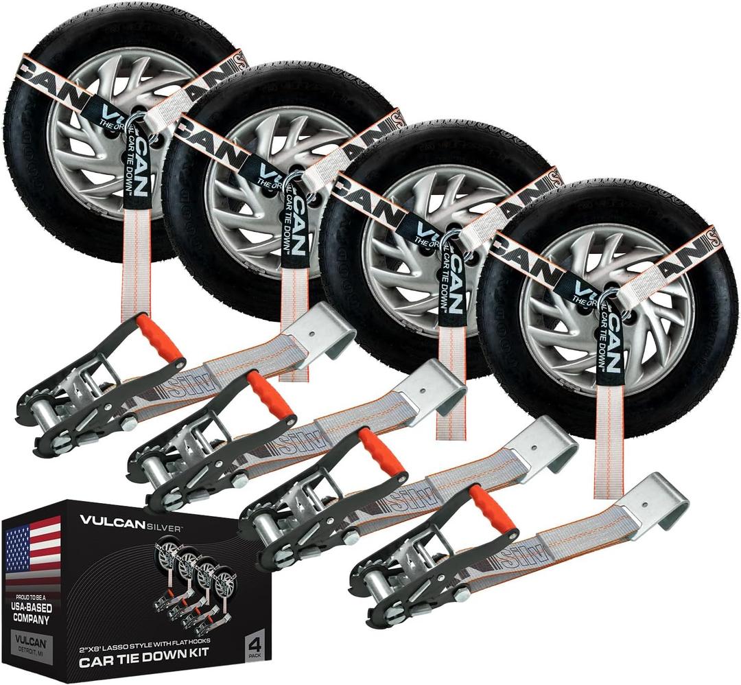 VULCAN Car Tie Down with Flat Hooks - Lasso Style - 2 Inch x 96 Inch - 4 Pack - Silver Series - 3,300 Pound Safe Working Load