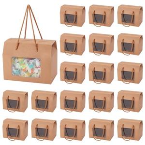 BENECREAT 20 Packs Kraft Paper Stand Up Gift Box Bags 5.9x3.5x4.7 Inch, BurlyWood Cupcakes Cookies Box with Clear Window and Handle for Packaging, Retail, Party, Gifts, Wedding, Business