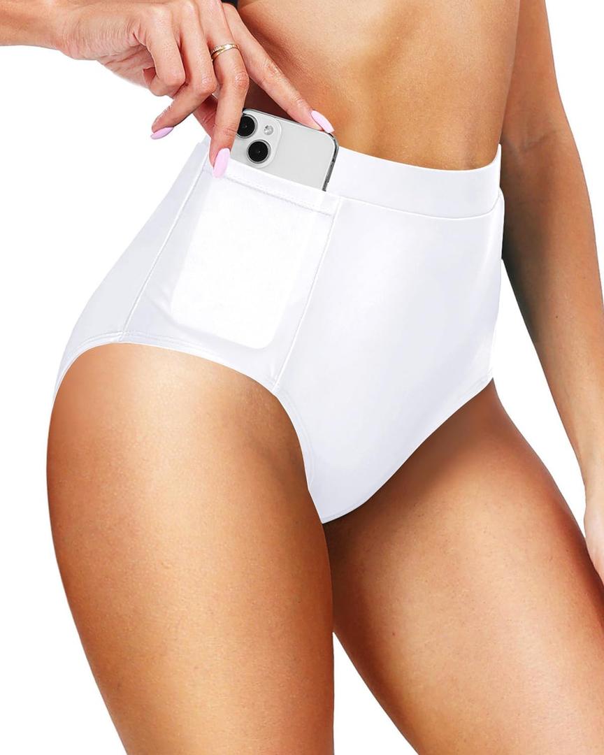 Tempt Me Women's High Waisted Bikini Bottom Full Coverage Tummy Control Swimsuit Bottom with Pockets, S